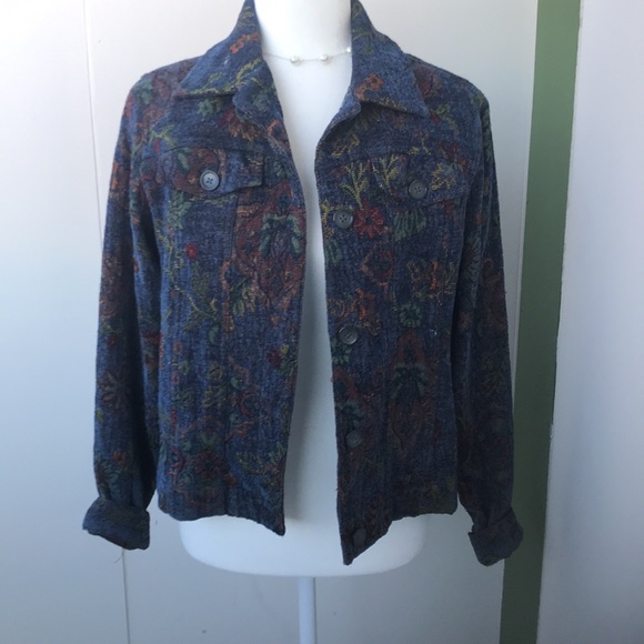 Vintage 90s Y2K Autumn Botanical Blue Floral Tapestry Button Up Shacket Jacket - Picture 2 of 5
